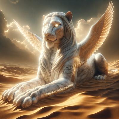 Primary subject: A white lion with a long mane and a golden crown.

Setting/background: The lion is laying on a sandy surface, possibly a desert.

Visual style: The image is a digital art or illustration.

Colors and mood: The lion has a golden crown, and the overall atmosphere is warm and majestic.